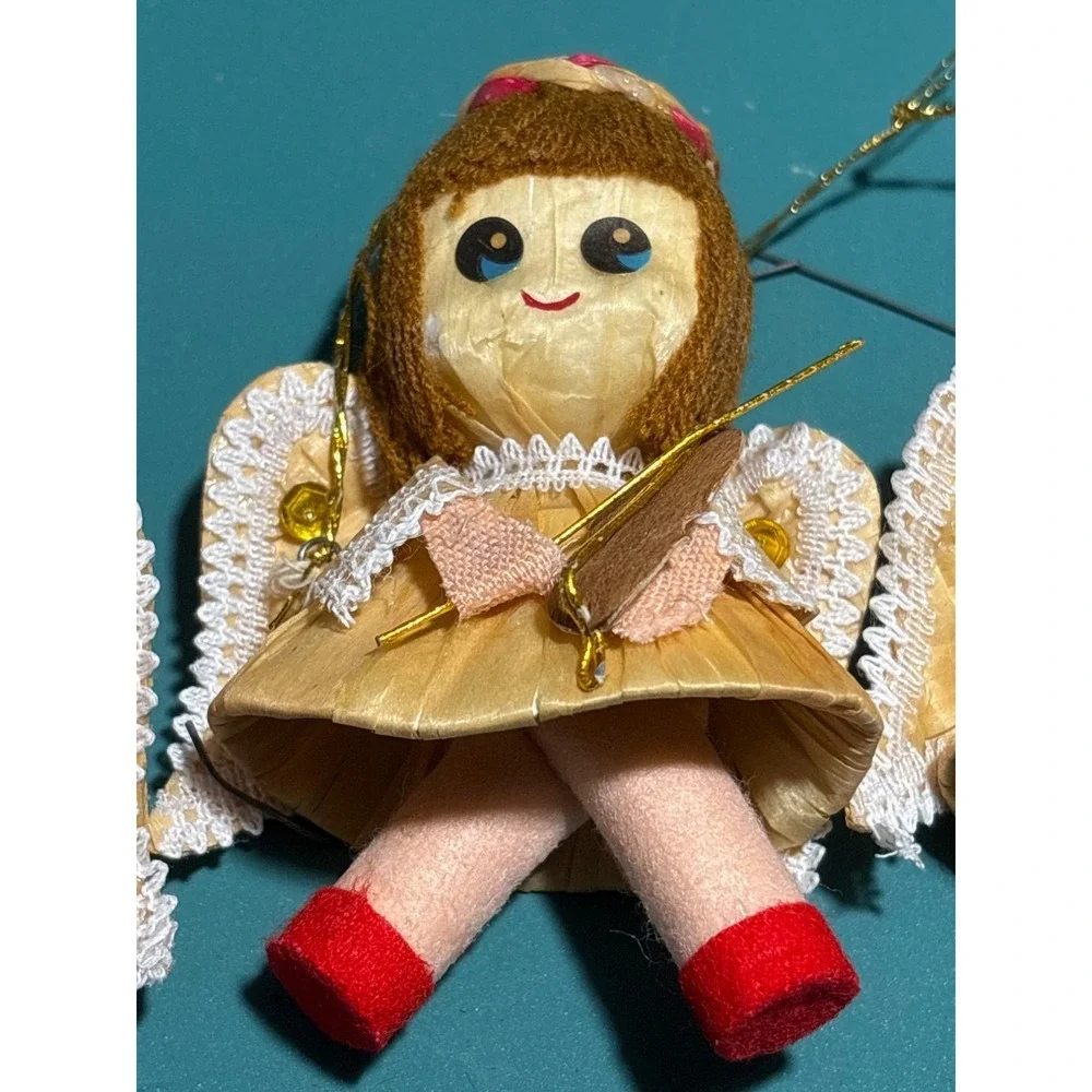 VTG Set Of‎ 3 Handmade Straw Angel Ornaments With Red Shoes & Golden Harps